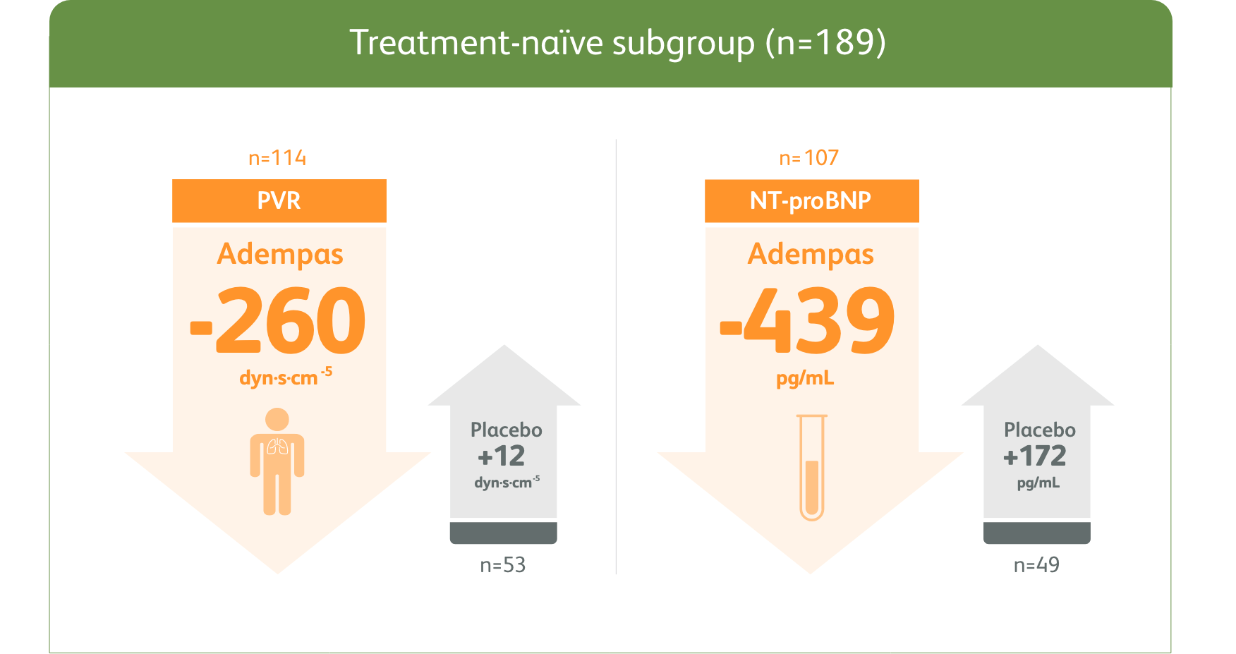 Change in PVR and NT-proBNP for treatment-naïve subgroup Illustration of the mean change in PVR and NT-proBNP from baseline to Week 12 for treatment-naïve subgroup